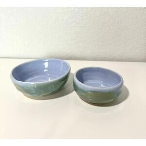 Hand Made Green and Blue Glaze Art Pottery Shallow Bowls Dishes 2” Set Of 2